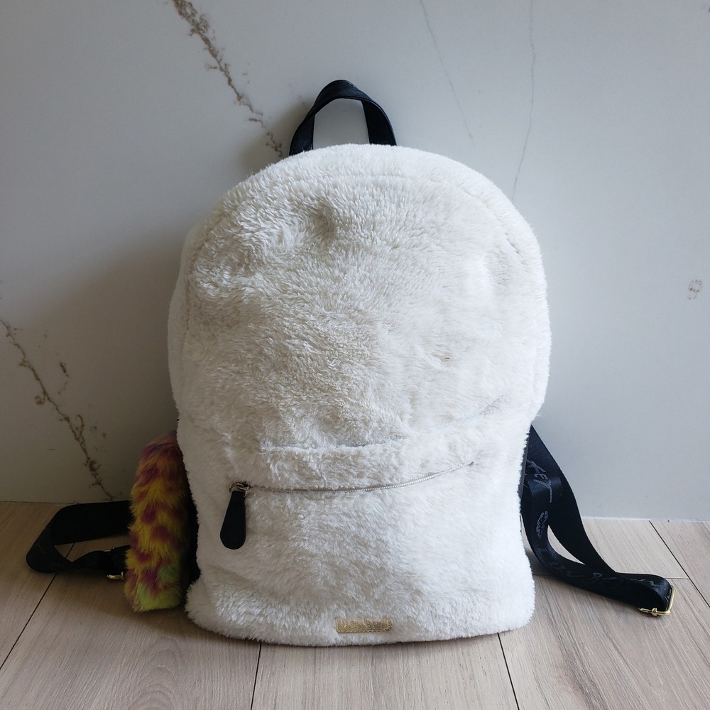 Luv Betsey Backpack White Faux Fur Unicorn Plush Hoodie Novelty School Bag Y2K